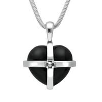 Silver Whitby Jet And Marcasite Small Cross Heart Necklace