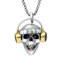 Silver Whitby Jet And Ruby Skull With Headphones Necklace