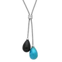 Silver Whitby Jet And Turquoise 2 Stone Drop Necklace