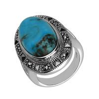 Silver Turquoise Marcasite Beaded Oval Ring