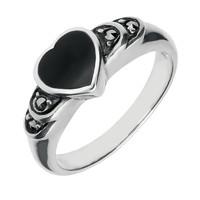 Silver And Whitby Jet Heart Marcasite Shoulder Ring