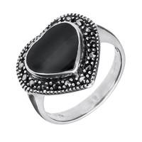Silver And Whitby Jet Marcasite Heart Shaped Ring