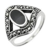 Silver And Whitby Jet Marcasite Oval Split Edge Ring