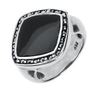 Silver And Whitby Jet Marcasite Rhombus Framed Ring