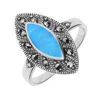 Silver Turquoise And Marcasite Beaded Edge Marquise Ring