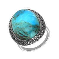 Silver Turquoise And Marcasite Large Oval Beaded Edge Ring.