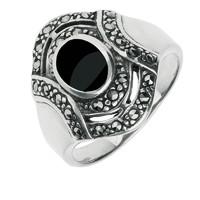 Silver Whitby Jet And Marcasite Diamond Shaped Ring