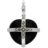 Silver Whitby Jet and Nine Marcasite Large Cross Heart Charm