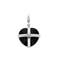 Silver Whitby Jet and Single Pearl Small Cross Heart Charm