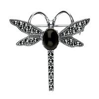 Silver Whitby Jet Marcasite Dragonfly Brooch