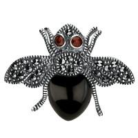 Silver Whitby Jet Marcasite Wings Garnet Bee Brooch