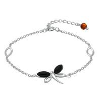 Silver Whitby Jet And Amber Single Butterfly Bracelet