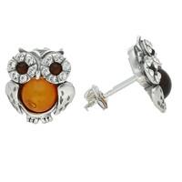 Silver Amber and Cubic Zirconia Owl Stud Earrings