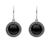 Silver And Whitby Jet Circle Stone Oxidised Drop Earrings