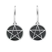 Silver And Whitby Jet Pentangle Round Drop Earrings