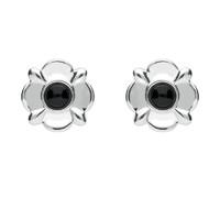 Silver And Whitby Jet Round Four Petal Flower Stud Earrings