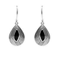 Silver And Whitby Jet Wave Wood Effect Drop Earrings