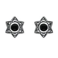 Silver Whitby Jet And Marcasite 6 Point Star Stud Earrings