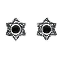 silver whitby jet and marcasite 6 point star stud earrings