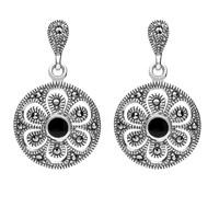 Silver Whitby Jet And Marcasite Art Deco Floral Drop Earrings