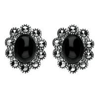 Silver Whitby Jet And Marcasite Oval Beaded Edge Stud Earrings