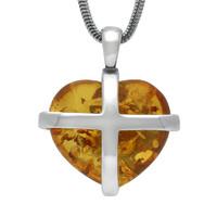 Silver and Amber Large Cross Heart Necklace