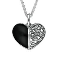 Silver And Whitby Jet Half Stone Half Oxidised Heart Necklace