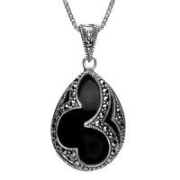 Silver And Whitby Jet Marcasite Pear Drop Necklace