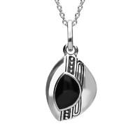 Silver And Whitby Jet Offset Marquise Bead And Line Pattern Necklace