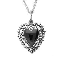 silver and whitby jet pattern edge heart necklace