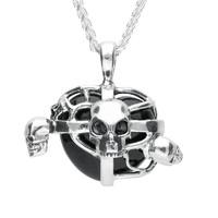 Silver and Whitby Jet Small Cross Heart Skull Necklace