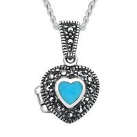 Silver Turquoise And Marcasite Small Bead Edge Heart Locket