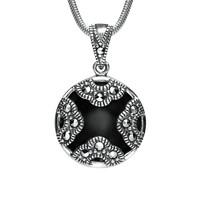 Silver Whitby Jet And Marcasite Round Cased Floral necklace