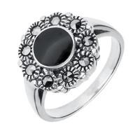 Silver And Whitby Jet Round Centre Marcasite Ring