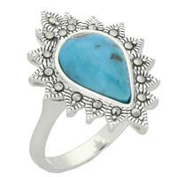 Silver Turquoise And Marcasite Pear Bead Edge Ring