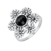 Silver Whitby Jet And Marcasite 6 Flower Petal Ring