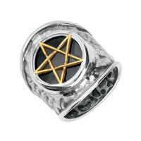 Silver With Gold Plate Whitby Jet Pentagram Hammered Effect Shank Ring