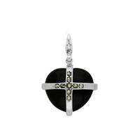 Silver Whitby Jet and Nine Marcasite Small Cross Heart Charm