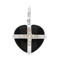 Silver Whitby Jet and Nine Pearl Medium Cross Heart Charm