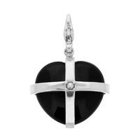 Silver Whitby Jet and Single Pearl Medium Cross Heart Charm