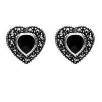 Silver Whitby Jet And Marcasite Heart Shaped Stud Earrings