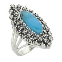 Silver Turquoise Marcasite Marquise Double Row Bead Ring