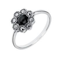 Silver Whitby Jet Marcasite Round Beaded Edge Ring