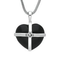 Silver Whitby Jet And Marcasite Medium Cross Heart Necklace