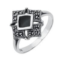 Silver Whitby Jet Marcasite Square Ring