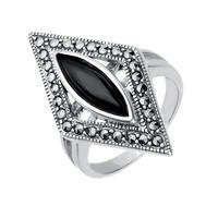 Silver Whitby Jet Marcasite Triangle Ring