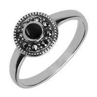 Silver Whitby Jet Marcasite Round Ring