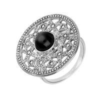 Silver Whitby Jet Marcasite Shield Ring