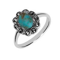 Silver Turquoise Marcasite Domed Oval Beaded Edge Ring