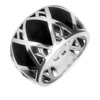 Silver Whitby Jet Curved Geometric Band Ring